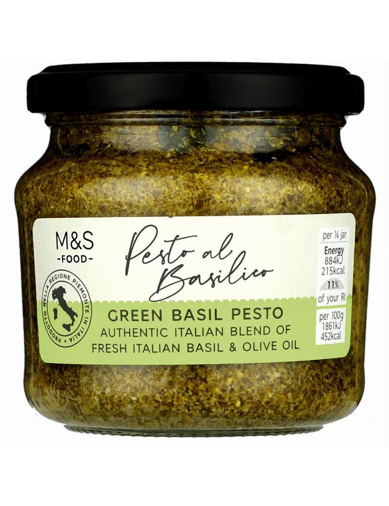 Pesto s italskou bazalkou, olivovým olejem (28 %), italským sýrem, piniovými semínky a kešú ořechy