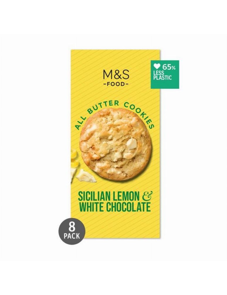 8 máslových sušenek s kousky bílé čokolády, kandovanou citrónovou kůrou a extraktem ze sicilských citrónů