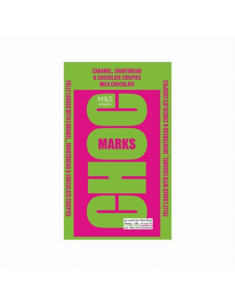 Formovaná mléčná čokoláda se slaným karamelem (8 %), kousky sušenek (6 %) a kakaovými pšeničnými křupinkami (2 %)