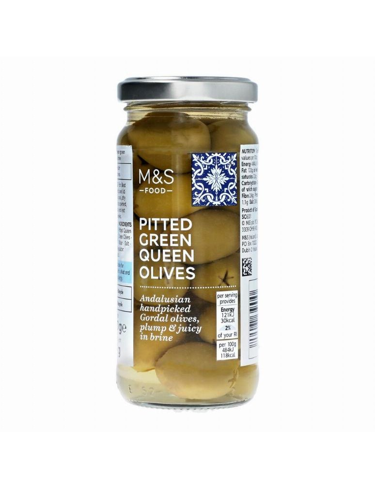 Vypeckované zelené olivy odrůdy Queen nakládané ve slaném nálevu