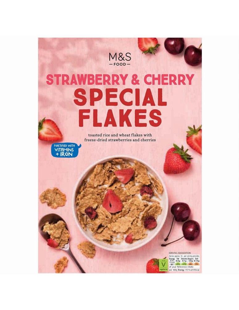 Zapékané cereální lupínky z rýže a pšenice fortifikované vitamíny a železem, s kousky mrazem sušeného ovoce a kousky višní