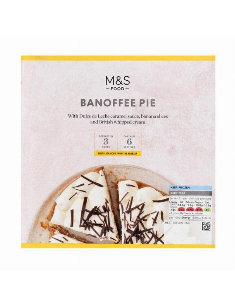 Dort s karamelovou omáčkou (34 %), šlehačkou (22 %) a plátky banánů (21 %) na základu s celozrnných pšeničných sušenek ozdobený 