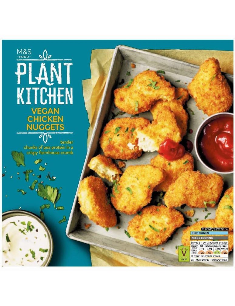 Nugetky vyrobené na bázi pšeničné a hrachové bílkoviny, obalené ve strouhance