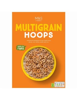 Extrudované kroužky z pšenice, ovsa, ječmene, kukuřice a rýže obalené v cukru, fortifikované vitamíny a železem