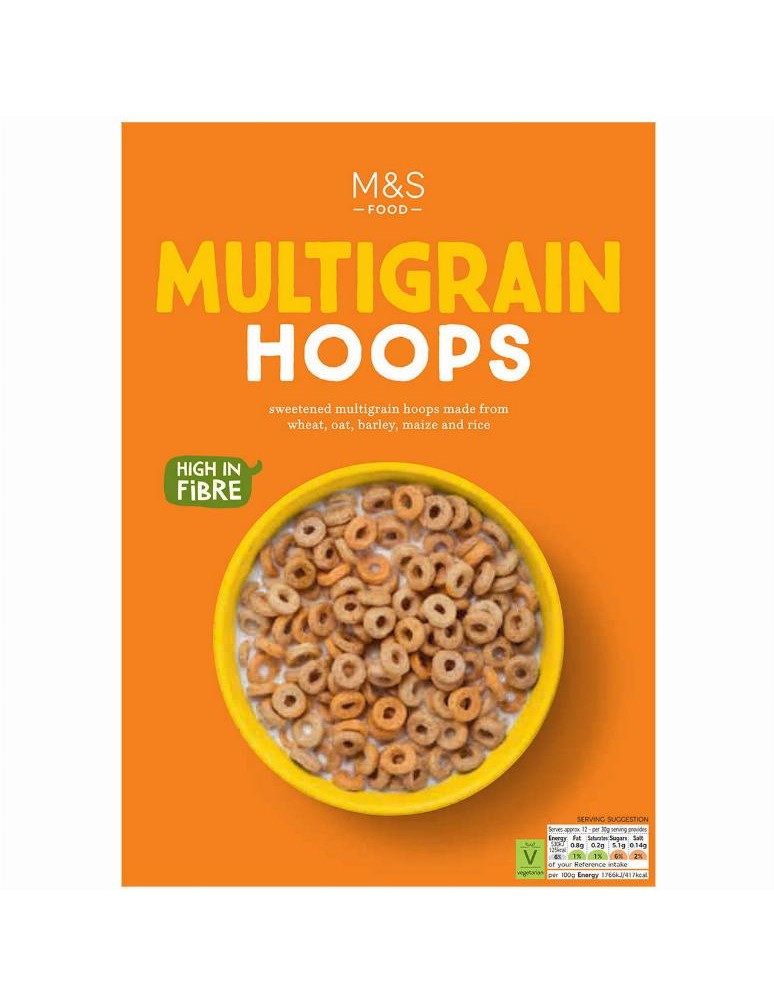 Extrudované kroužky z pšenice, ovsa, ječmene, kukuřice a rýže obalené v cukru, fortifikované vitamíny a železem