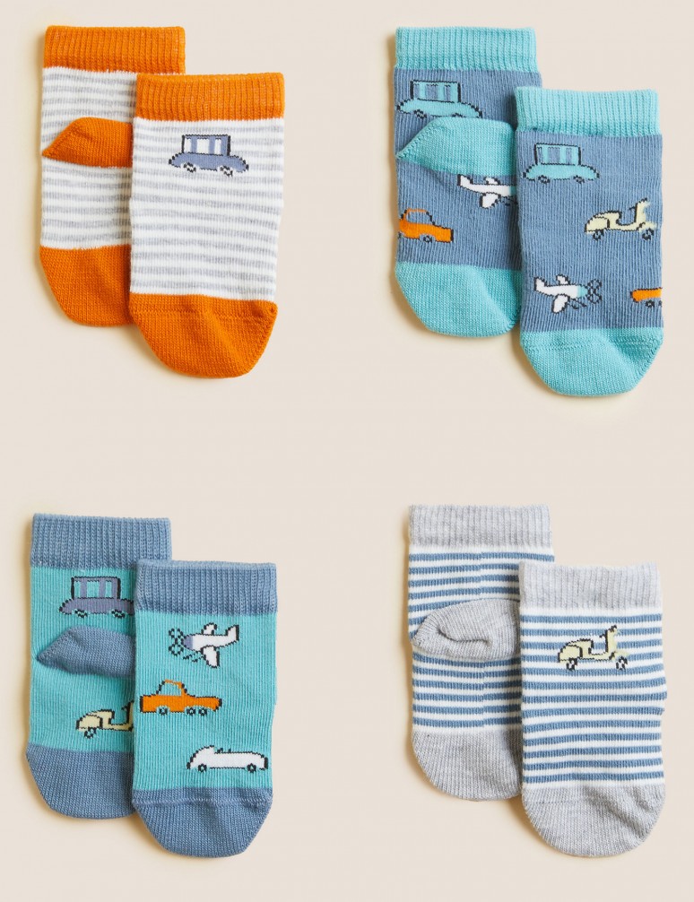 Balení 4 párů dětských ponožek s vysokým podílem bavlny a dopravním potiskem (0–3 roky)