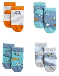 Balení 4 párů dětských ponožek s vysokým podílem bavlny a dopravním potiskem (0–3 roky)