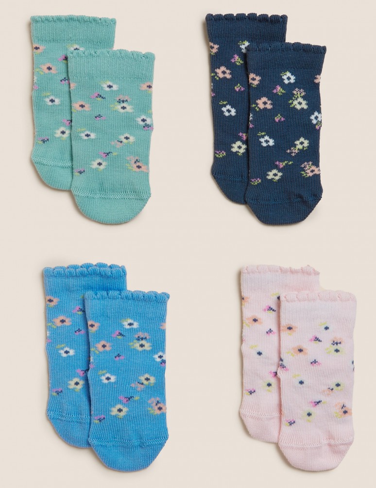 4pk Cotton Rich Floral Baby Socks (0-24 Mths)