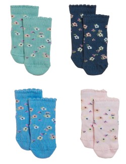 Balení 4 párů dětských ponožek s vysokým podílem bavlny a květinovým motivem (0–24 měsíců)