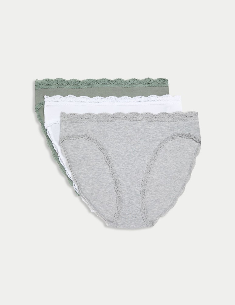 3pk Cotton & Lace High Leg Knickers