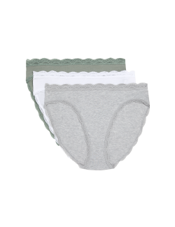 3pk Cotton & Lace High Leg Knickers