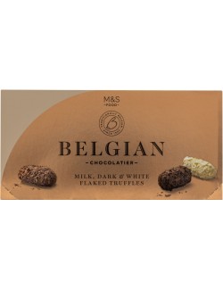 Pralinky z belgické mléčné čokolády obalené vločkami mléčné, hořké a bílé čokolády