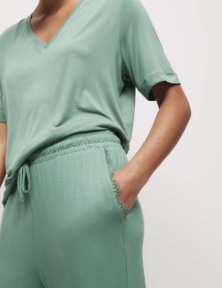 Žebrované pyžamové kalhoty s manžetovými lemy, s krajkou