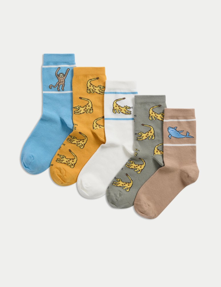 5pk Cotton Rich Animal Socks (6 Small - 7 Large)