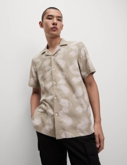 Linen Rich Cuban Collar Wave Print Shirt