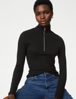 Cotton Rich Ribbed Half Zip Top