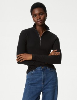 Cotton Rich Ribbed Half Zip Top