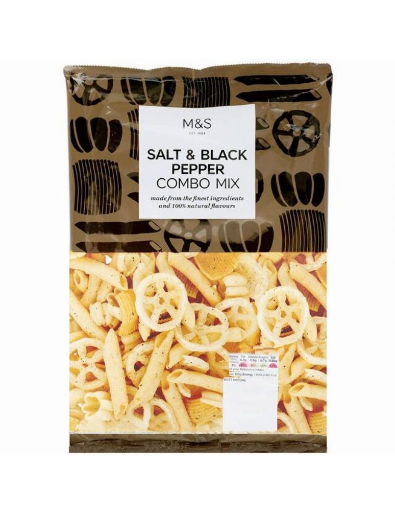 Extrudovaný bramborový snack ochucený solí a černým pepřem