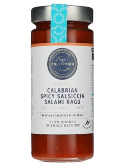 Rajčatová omáčka s kousky nasolené kalábrijské vepřové klobásy v hovězím střívku a s červeným vínem