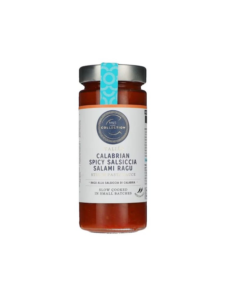 Rajčatová omáčka s kousky nasolené kalábrijské vepřové klobásy v hovězím střívku a s červeným vínem