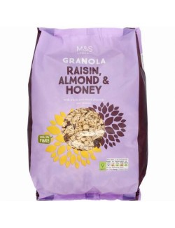 Hrudky z ovesných vloček s medem a vanilkovou příchutí, se slunečnicovými semínky, rozinkami, celými jádry mandlí a plátky mandl