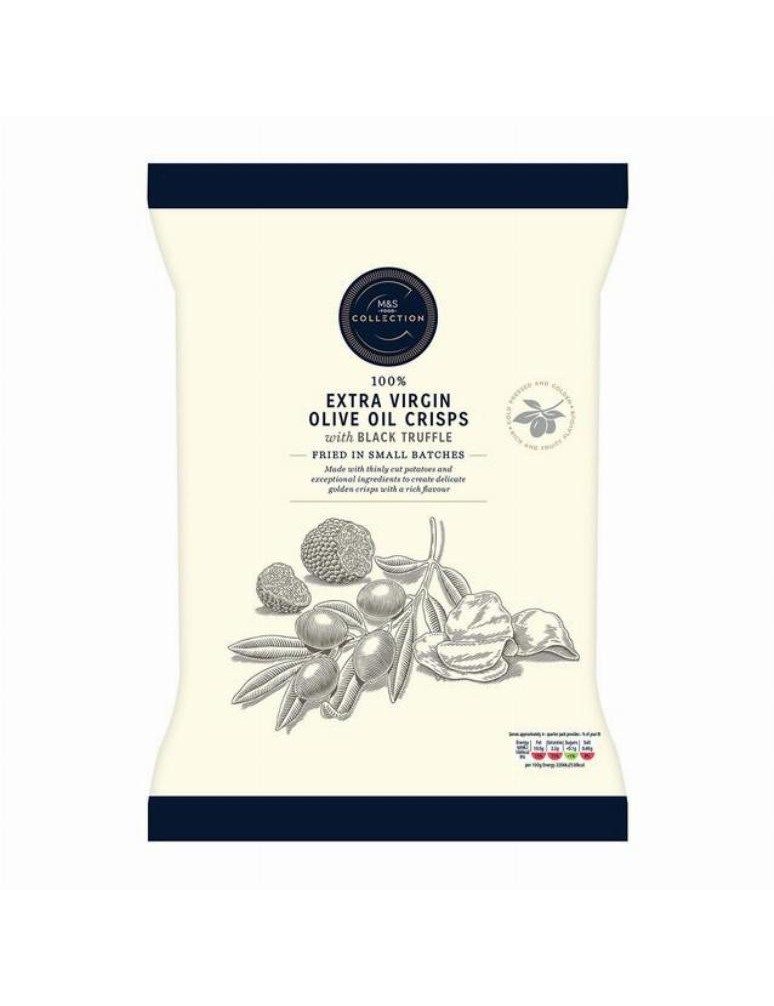 Bramborové lupínky smažené v extra panenském olivovém oleji (33 %) ochucené kořenicí směsí se sušeným černým letním lanýžem