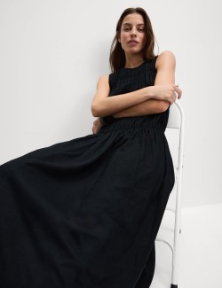 Splývavé řasené midi šaty s vysokým podílem lnu