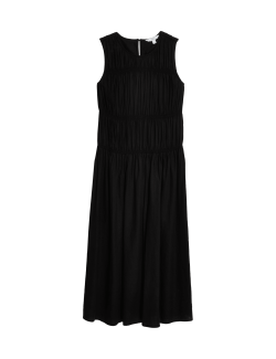 Splývavé řasené midi šaty s vysokým podílem lnu