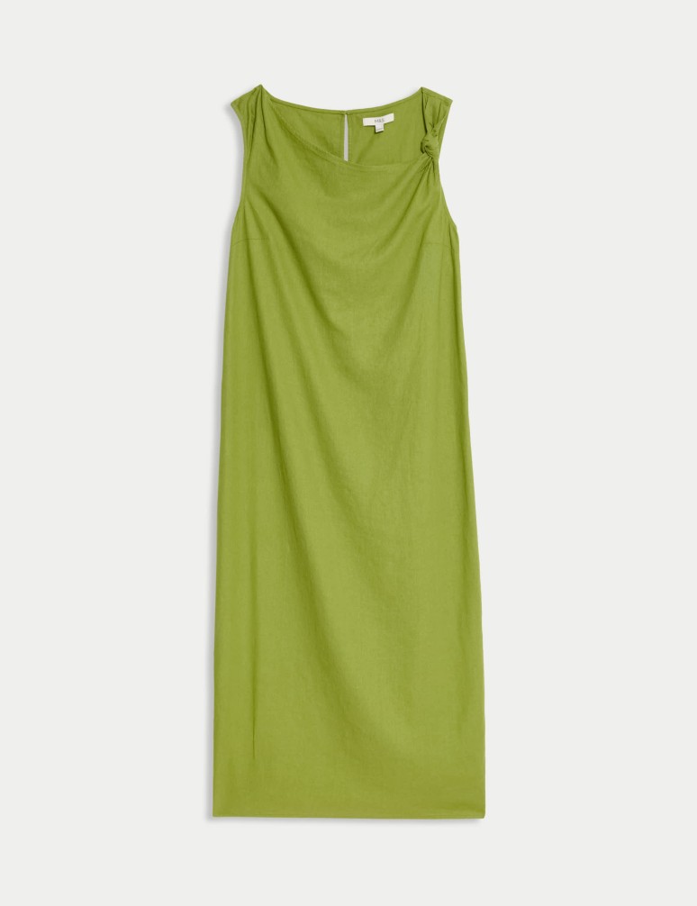 Splývavé midaxi šaty s vysokým podílem lnu a zavazováním u krku