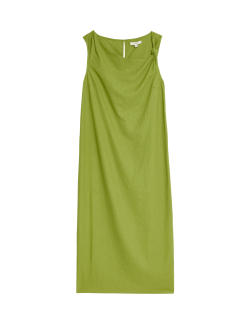 Splývavé midaxi šaty s vysokým podílem lnu a zavazováním u krku