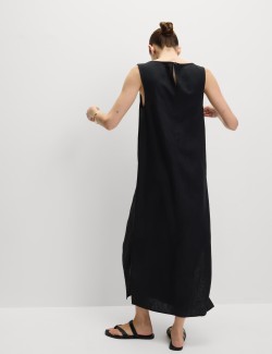 Splývavé midaxi šaty s vysokým podílem lnu a zavazováním u krku