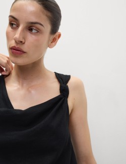 Splývavé midaxi šaty s vysokým podílem lnu a zavazováním u krku