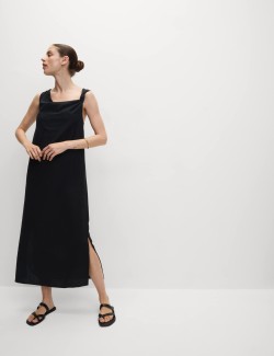 Splývavé midaxi šaty s vysokým podílem lnu a zavazováním u krku