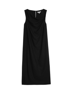 Splývavé midaxi šaty s vysokým podílem lnu a zavazováním u krku