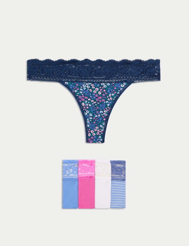 5pk Cotton & Lace Printed Thongs