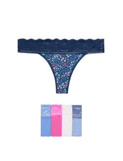 5pk Cotton & Lace Printed Thongs