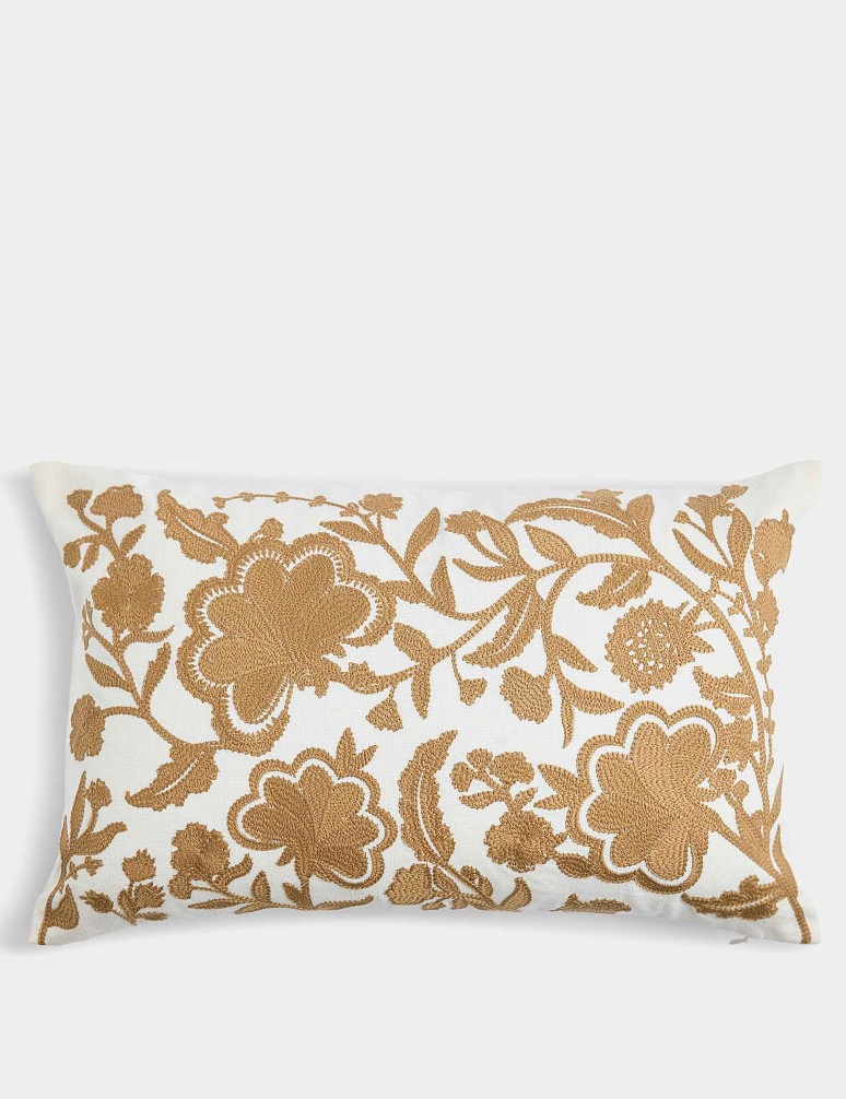 Linen Blend Floral Embroidered Bolster Cushion