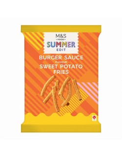 Extrudovaný bramborový snack s bramborovým škrobem a sušenými batáty, s příchutí omáčky na burgery