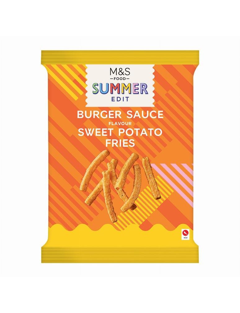 Extrudovaný bramborový snack s bramborovým škrobem a sušenými batáty, s příchutí omáčky na burgery