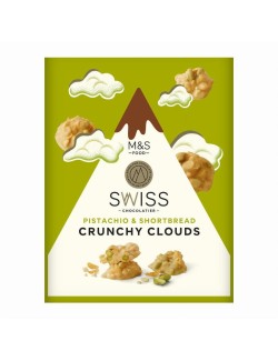 Bílá čokoláda s karamelizovaným cukrem (4 %) a kukuřičnými lupínky (13 %), kousky sušenek (8 %) a pistáciovými ořechy (6 %)