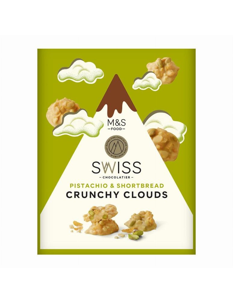 Bílá čokoláda s karamelizovaným cukrem (4 %) a kukuřičnými lupínky (13 %), kousky sušenek (8 %) a pistáciovými ořechy (6 %)