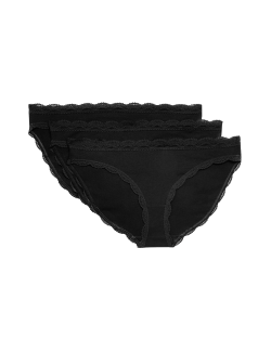 3pk Cotton & Lace Bikini Knickers