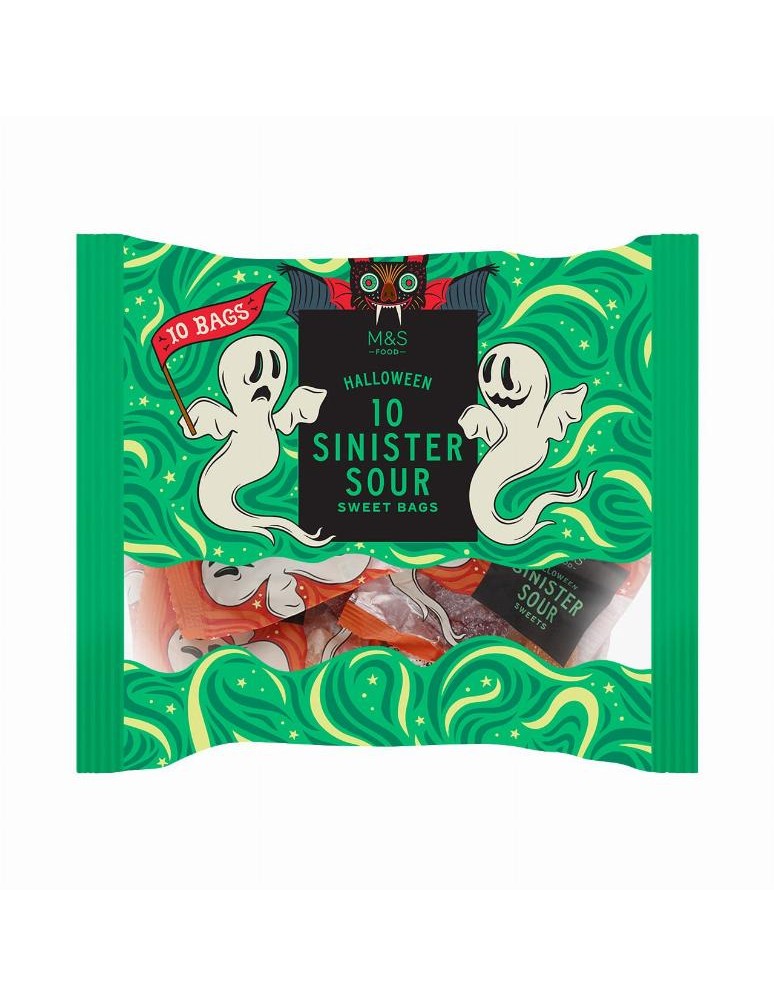 10 mini sáčků s želé bonbóny s různými ovocnými příchutěmi a příchutí koly