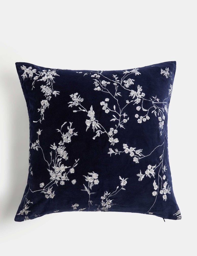 Velvet Cherry Blossom Embroidered Cushion