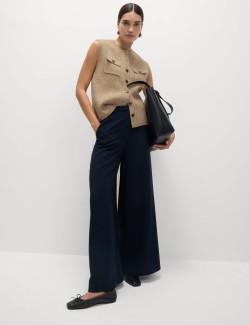 Pletený vestový kabát z mraky s kapsami a kulatým výstřihem