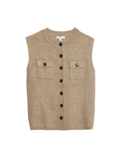 Pletený vestový kabát z mraky s kapsami a kulatým výstřihem