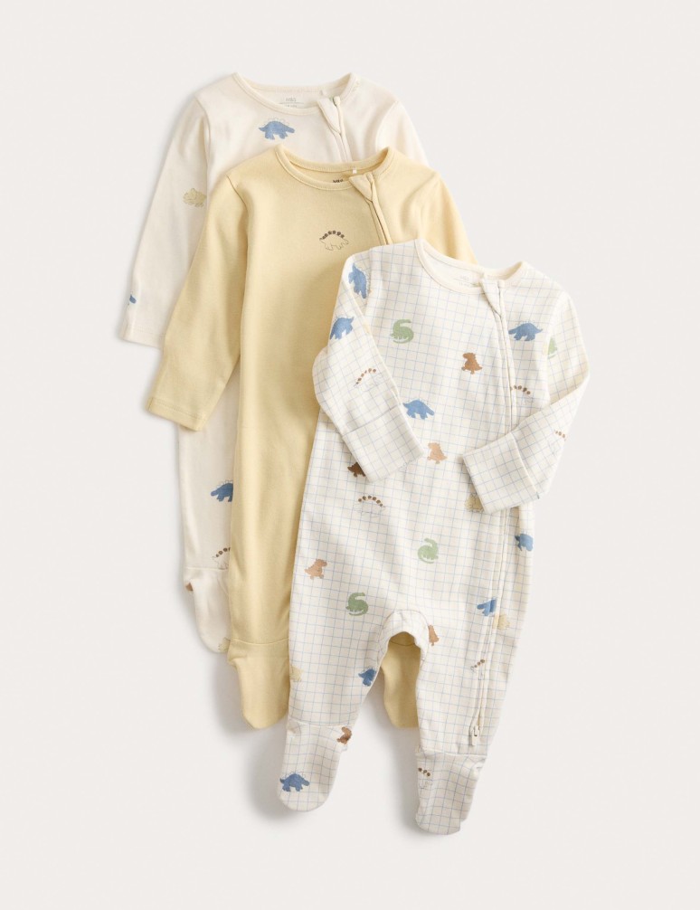 3pk Pure Cotton Dinosaur Print Sleepsuits (0 Mths-3 Yrs)