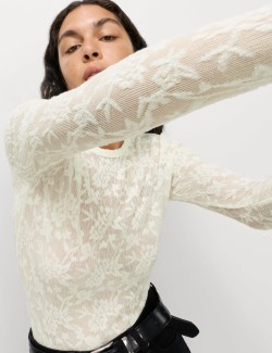 Mesh Floral Slash Neck Regular Fit Top