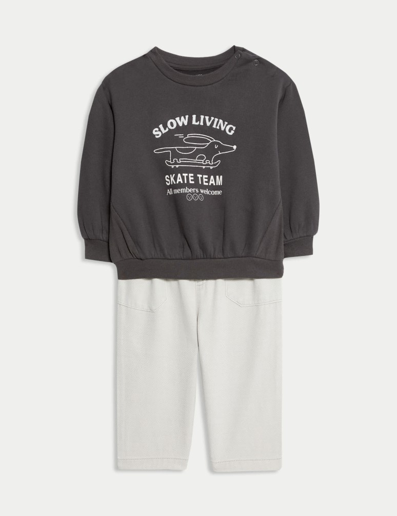 2pc Cotton Rich Skating Dog Print Sweatshirt Trousers Outfit (0 Mths-6 Yrs)