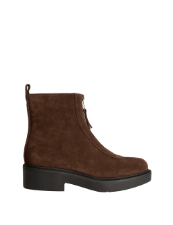 Semišové kotníkové boty na špalíkovém podpatku se zipem vpředu